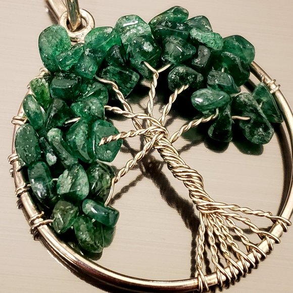 Sterling Silver Jade Emerald Green Semi-Precious Stone Tree of Life Pendant - Picture 7 of 8